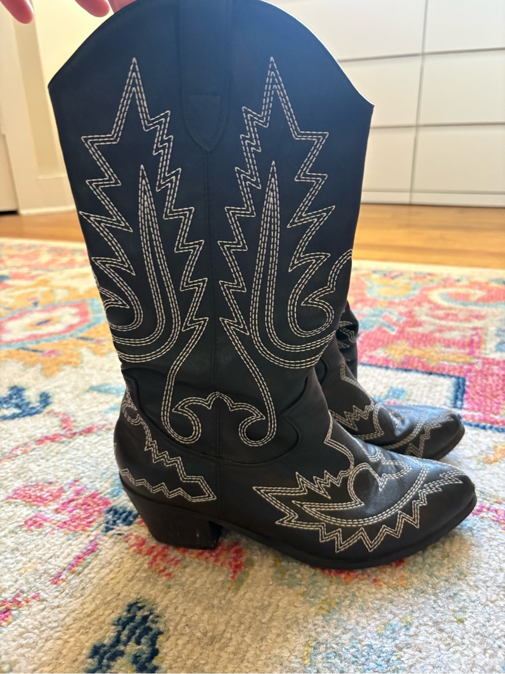 Billini Black Faux Leather Cowboy Boots with white embroidery